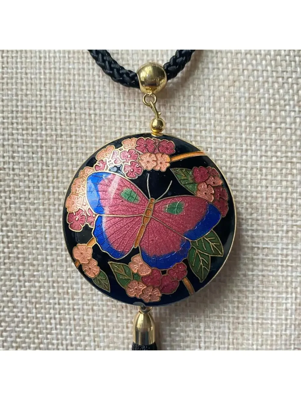 Vintage Cloisonné Butterfly Pendant Tassel Necklace 70s 80s